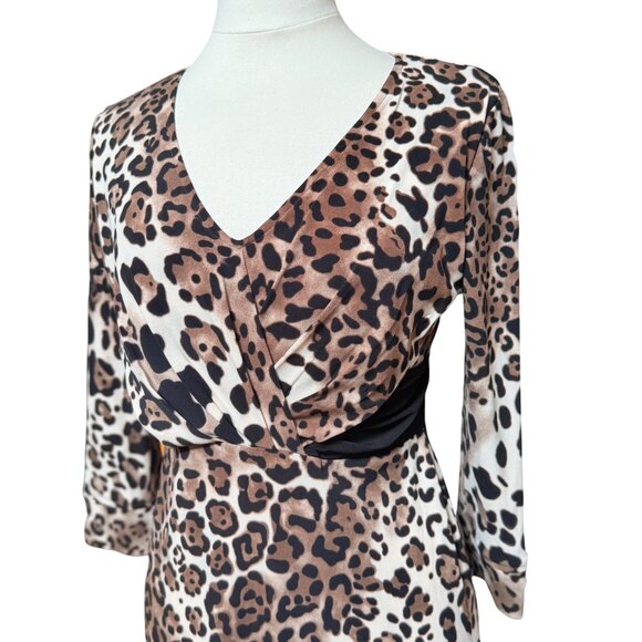Leopard V Neck Pleat Ruched Contrast Dress Office Siren 3/4 Sleeve Stretch Sz 6 - Picture 5 of 10